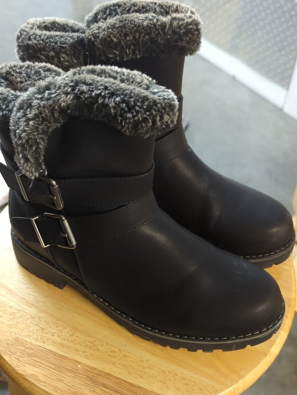 Women's Black Faux Fur Trim Ankle Boots with Buckle Detail